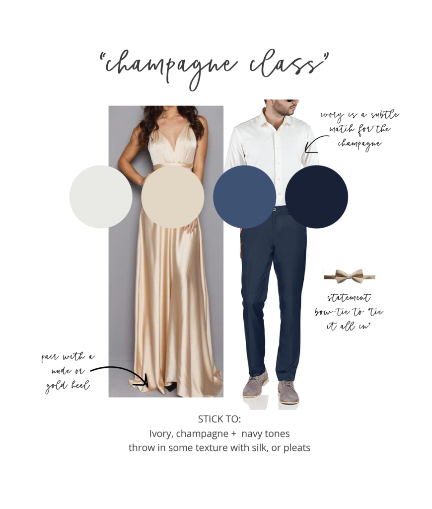 Classy Christmas Holiday photo outfit coordinating with champagne dress and navy suit